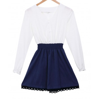 Long sleeve Spring Autumn V-Neck Bodycon Short Mini Dress White/Blue